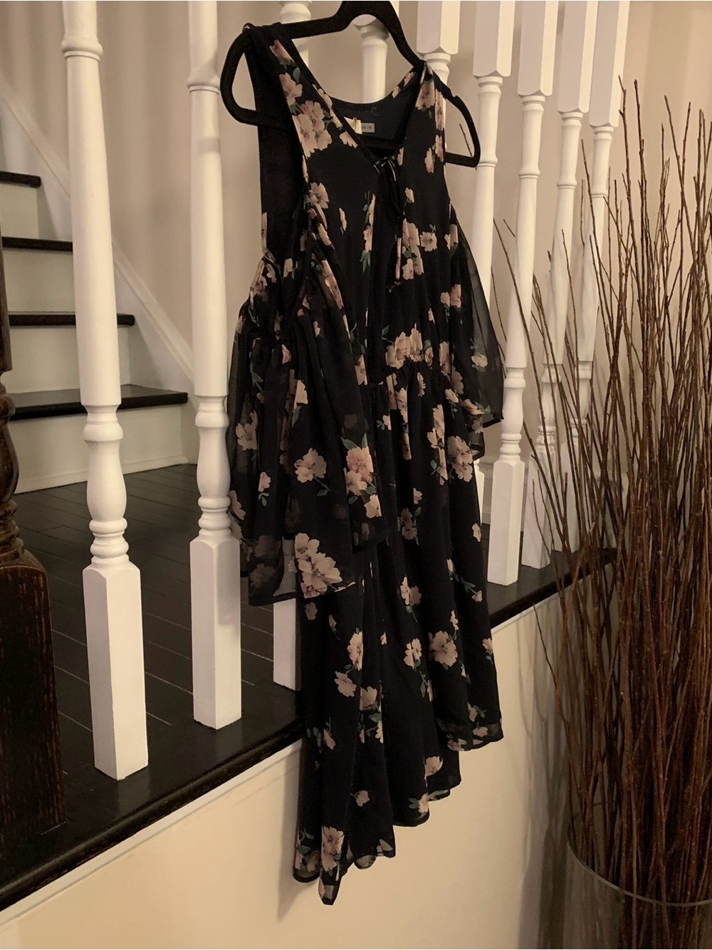 Floral Cold-Shoulder Mini Dress in Black with Pink Blossoms